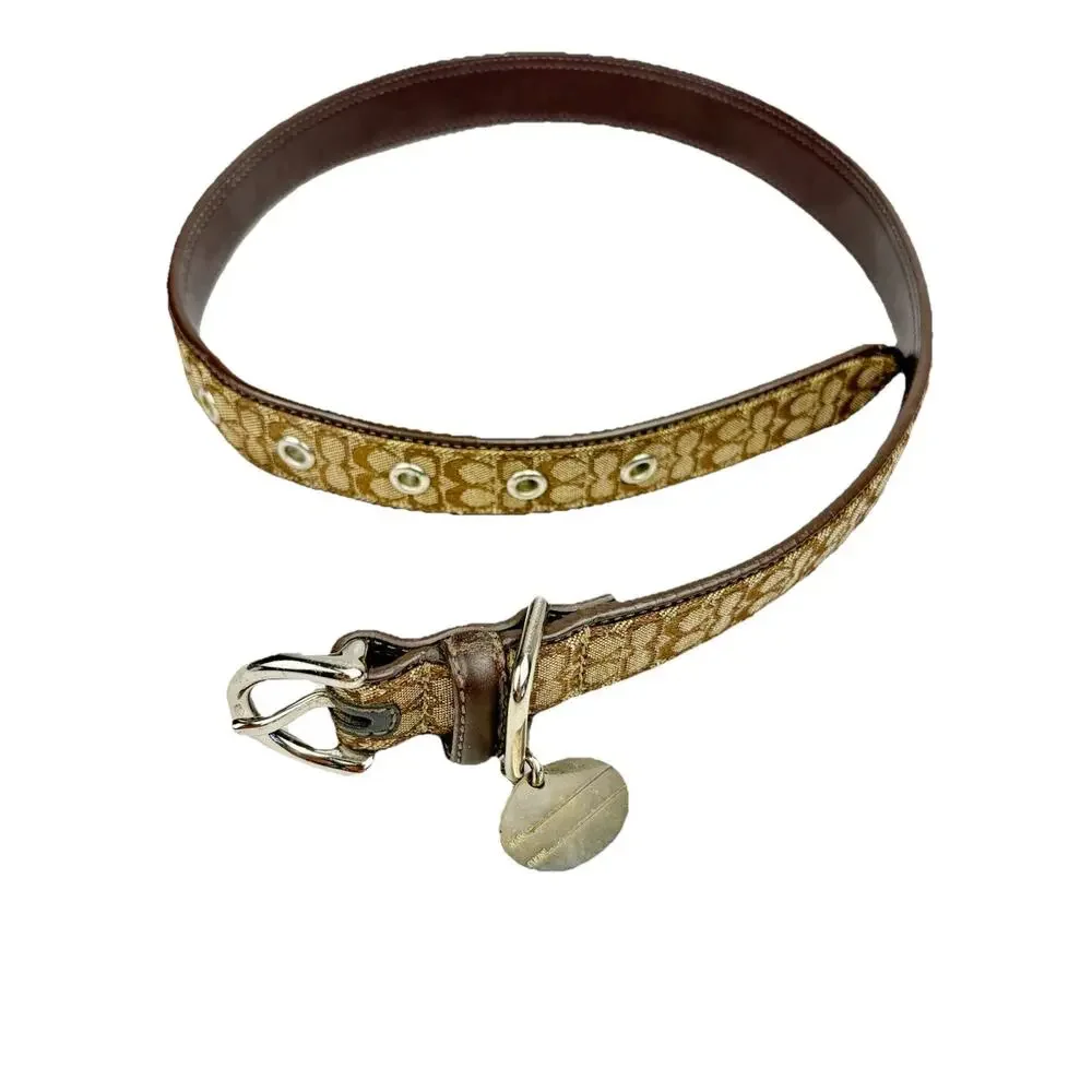 COACH Signature Khaki Mahogany EXTRA LARGE Dog Collar Engravable OVAL CHARM